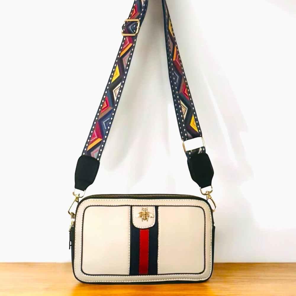 Bee Accent Ivory Crossbody Bag with Boho Strap – Chic Street Style Saddle bag